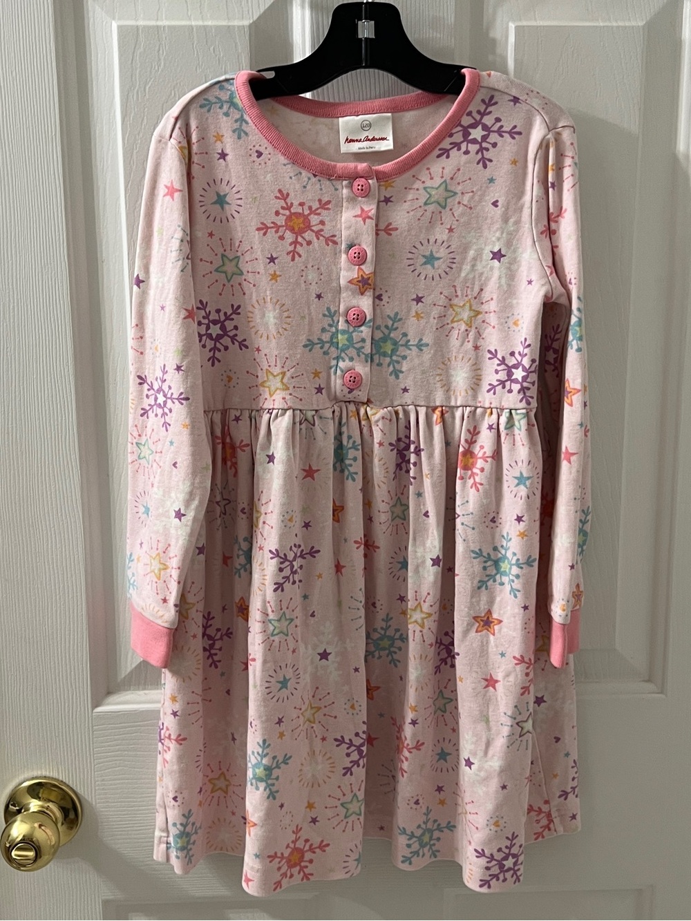 Hanna Andersson Girls Pink Cotton Snowflake Dress Sz 6-7 Long Sleeve